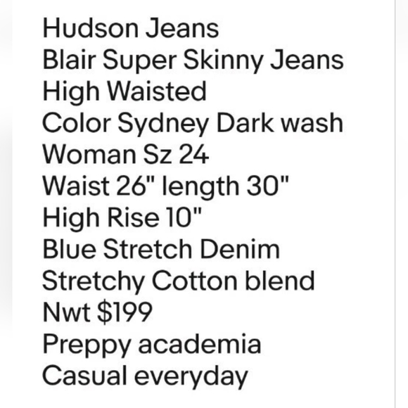 Hudson Blair Super Skinny Jeans Woman 24 High Rise Dark Blue Stretch Denim Nwt - Picture 3 of 10